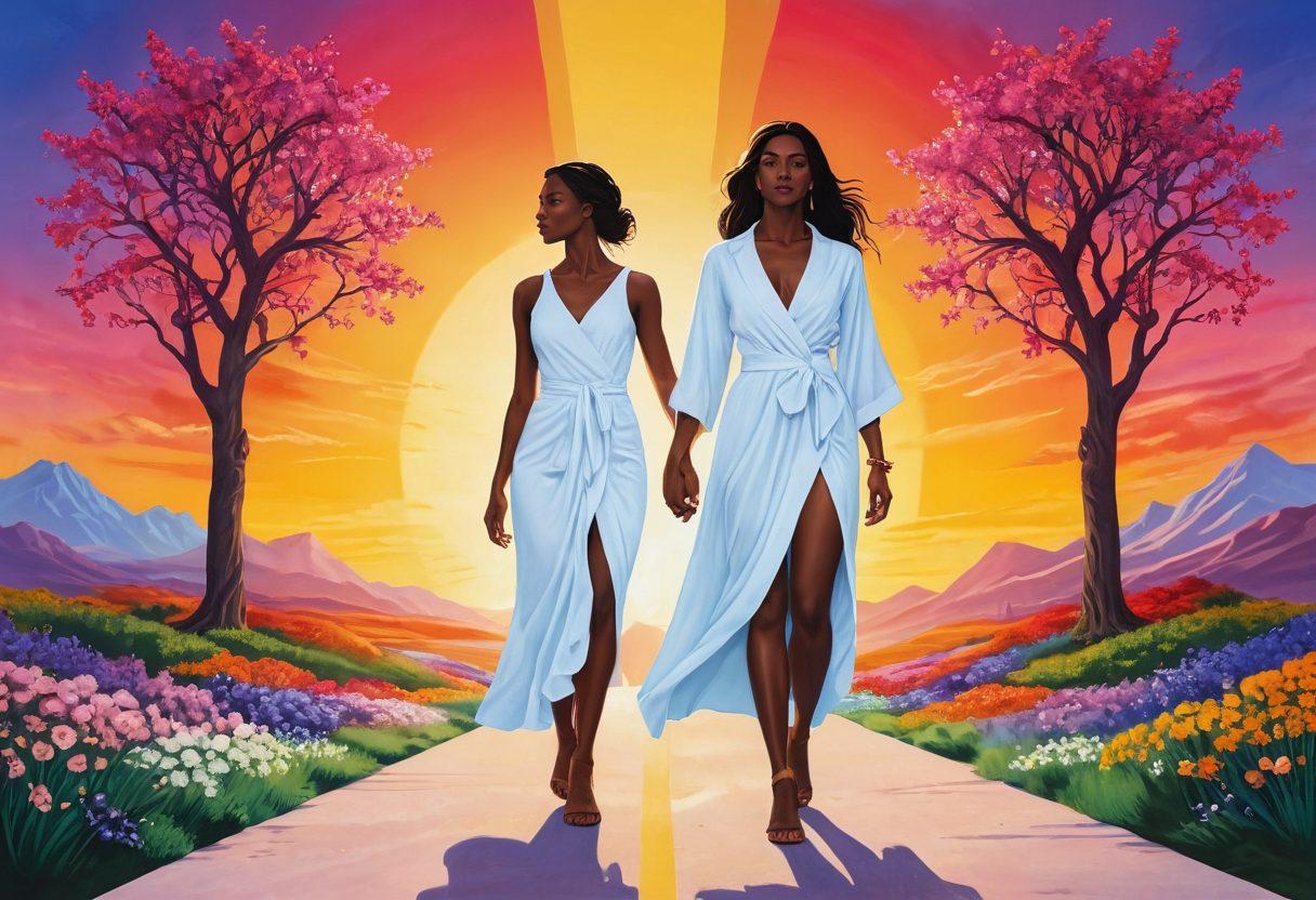 A powerful female figure standing at a crossroads, with vibrant paths representing autonomy and advocacy branching out before her. Surround her with symbols of choice, like blooming flowers and open doors, showcasing the diversity of women's well-being options. Include a radiant sunrise in the background to symbolize hope and empowerment. The color palette should be bright and uplifting, evoking a sense of freedom and strength. super-realistic. vibrant colors. white background.