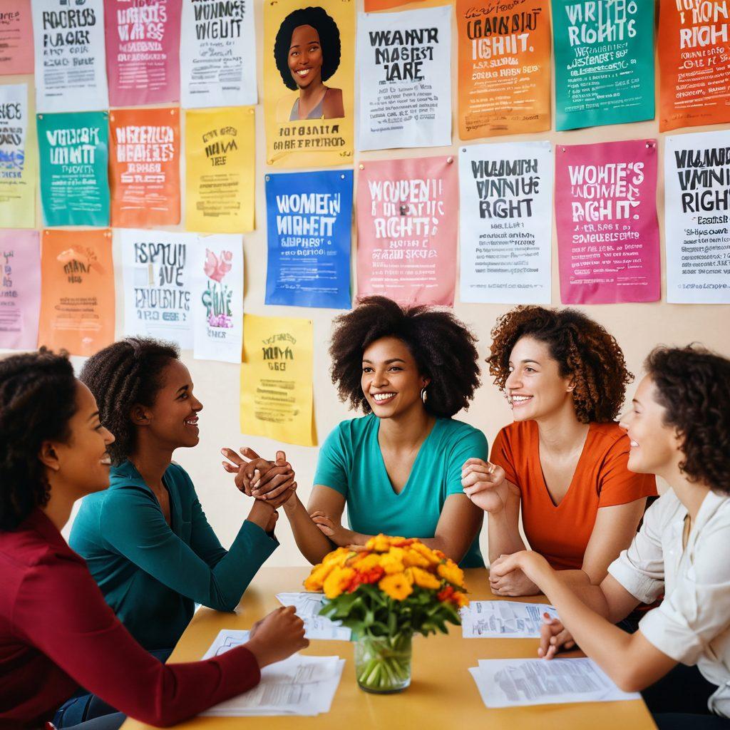 A diverse group of women from various backgrounds engaging in a supportive discussion in a lively community setting, with posters advocating for women's rights in the background. Incorporate elements like hands joining together symbolizing unity, vibrant flowers representing growth, and a warm, inviting atmosphere. super-realistic. vibrant colors. soft focus.